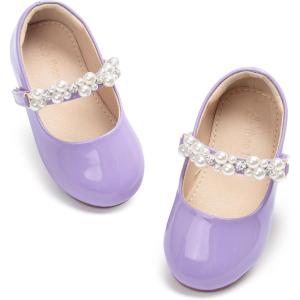 THEE BRON Toddler Mary Janes Ballet Dress Flats Flower Girl Sparkly Pearl Shoes(Af476-lavender Purple)