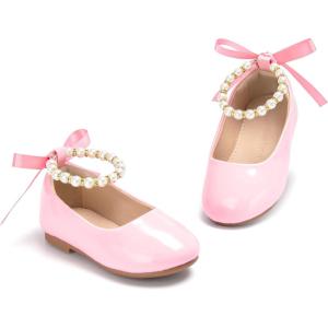 THEE BRON Toddler Mary Janes Ballet Dress Flats Flower Girl Sparkly Pearl Shoes(Af498-bubblegum Pink)