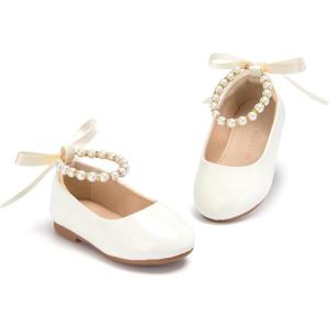 THEE BRON Toddler Mary Janes Ballet Dress Flats Flower Girl Sparkly Pearl Shoes(Af498-cream Apricot)