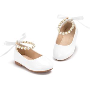 THEE BRON Toddler Mary Janes Ballet Dress Flats Flower Girl Sparkly Pearl Shoes(Af498-mirror White)