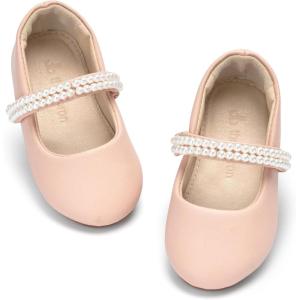 THEE BRON Toddler Mary Janes Ballet Dress Flats Flower Girl Sparkly Pearl Shoes(Af504-peach Apricot)