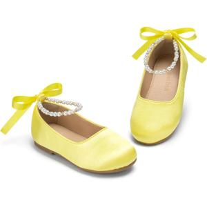 THEE BRON Toddler Mary Janes Ballet Dress Flats Flower Girl Sparkly Pearl Shoes(Af536-butterlight Yellow)