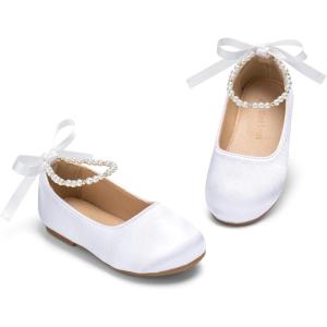 THEE BRON Toddler Mary Janes Ballet Dress Flats Flower Girl Sparkly Pearl Shoes(Af536-celestial White)
