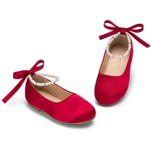 THEE BRON Toddler Mary Janes Ballet Dress Flats Flower Girl Sparkly Pearl Shoes(Af536-ruby Red)
