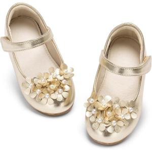 THEE BRON Toddler Mary Janes Ballet Dress Flats Flower Girl Sparkly Pearl Shoes(Af544-aurora Gold)