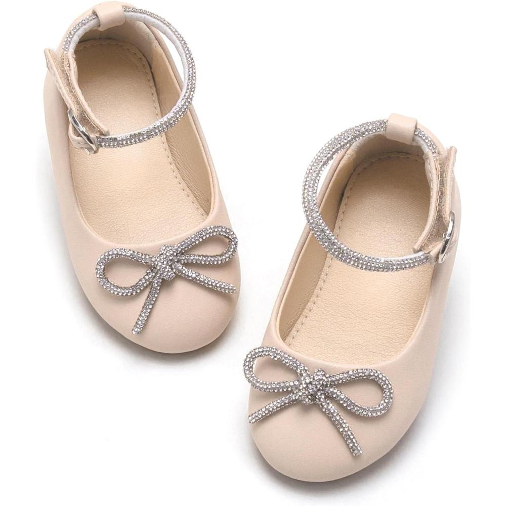 imageGirls Mary Jane Ballet Flats Easy On Strap Dress Shoes for Party WeddingAf336cream Beige