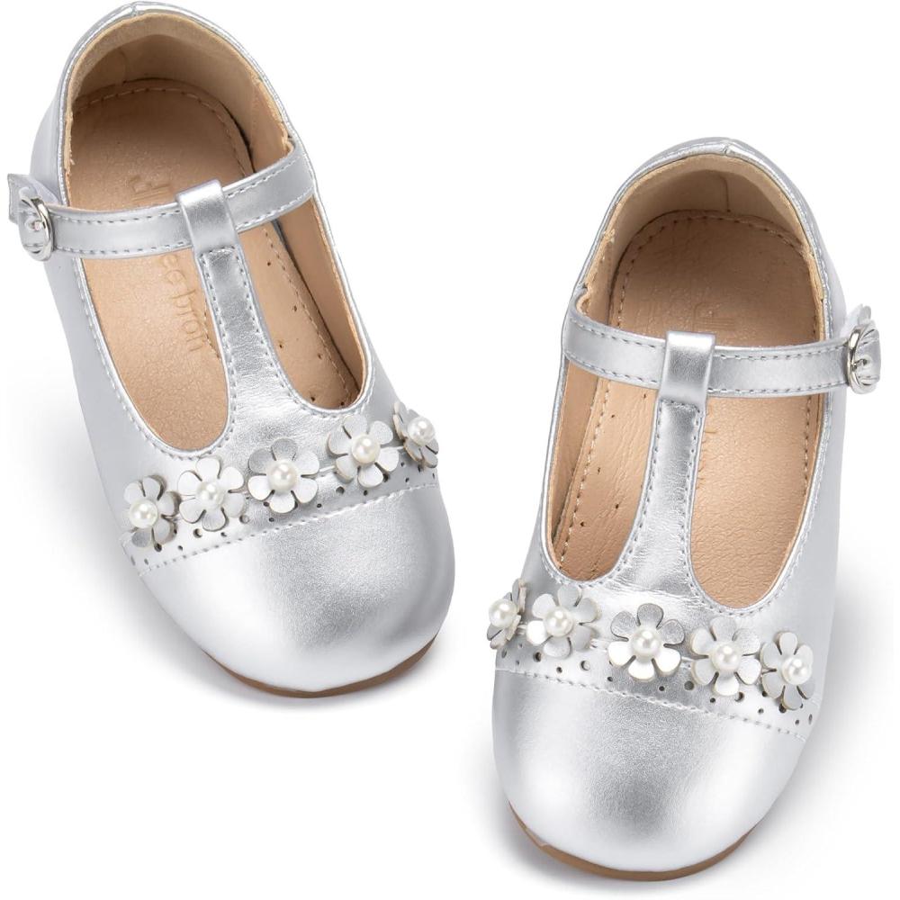 imageTHEE BRON Girls TStrap Shoes  Square Toe for Wide Feet  Party ampamp Dress Toddler KidAf474frosty Silver