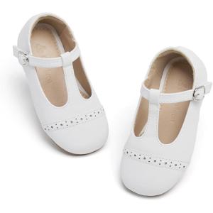 THEE BRON Girls T-Strap Shoes | Square Toe for Wide Feet | Party & Dress Toddler Kid(Af318-leather White)