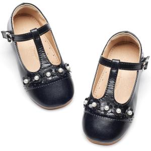 THEE BRON Girls T-Strap Shoes | Square Toe for Wide Feet | Party & Dress Toddler Kid(Af474-midnight Black)