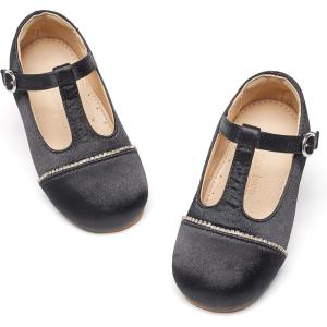 THEE BRON Girls T-Strap Shoes | Square Toe for Wide Feet | Party & Dress Toddler Kid(Af484-black)