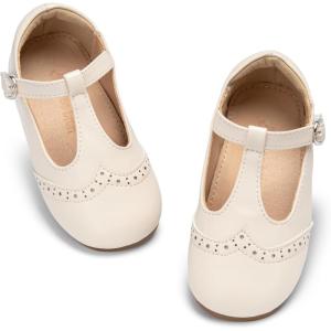 THEE BRON Girls T-Strap Shoes | Square Toe for Wide Feet | Party & Dress Toddler Kid(Af512-buttery Apricot)