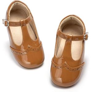 THEE BRON Girls T-Strap Shoes | Square Toe for Wide Feet | Party & Dress Toddler Kid(Af514-amber Brown)