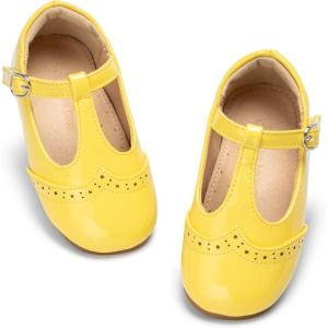 THEE BRON Girls T-Strap Shoes | Square Toe for Wide Feet | Party & Dress Toddler Kid(Af514-butterlight Yellow)