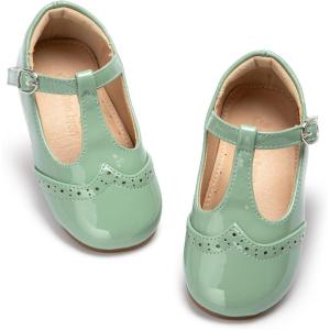 THEE BRON Girls T-Strap Shoes | Square Toe for Wide Feet | Party & Dress Toddler Kid(Af514-olive Green)