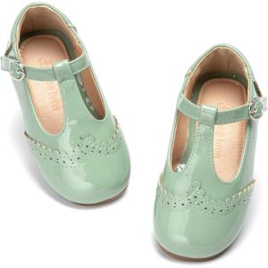 THEE BRON Girls T-Strap Shoes | Square Toe for Wide Feet | Party & Dress Toddler Kid(Af516p-olive Green)
