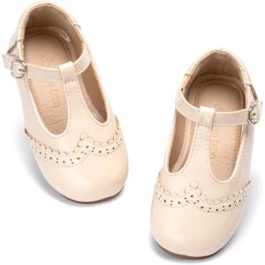 THEE BRON Girls T-Strap Shoes | Square Toe for Wide Feet | Party & Dress Toddler Kid(Af516p-peachy Apricot)
