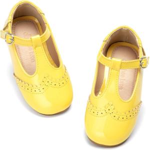 THEE BRON Girls T-Strap Shoes | Square Toe for Wide Feet | Party & Dress Toddler Kid(Af516p-sunbeam Yellow)