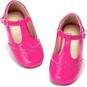THEE BRON Girls T-Strap Shoes | Square Toe for Wide Feet | Party & Dress Toddler Kid(Af516p-twinkle Magenta)
