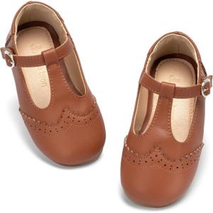 THEE BRON Girls T-Strap Shoes | Square Toe for Wide Feet | Party & Dress Toddler Kid(Af520l-chestnut Brown)