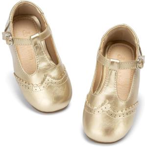 THEE BRON Girls T-Strap Shoes | Square Toe for Wide Feet | Party & Dress Toddler Kid(Af520l-moonlit Gold)