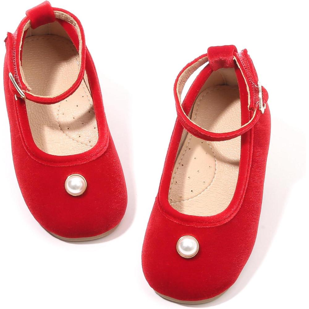 image:imageTHEE BRON Girls Glitter Mary Jane Flats Shimmery Princess Style Shoes for Toddler PartyAf334velvet Red