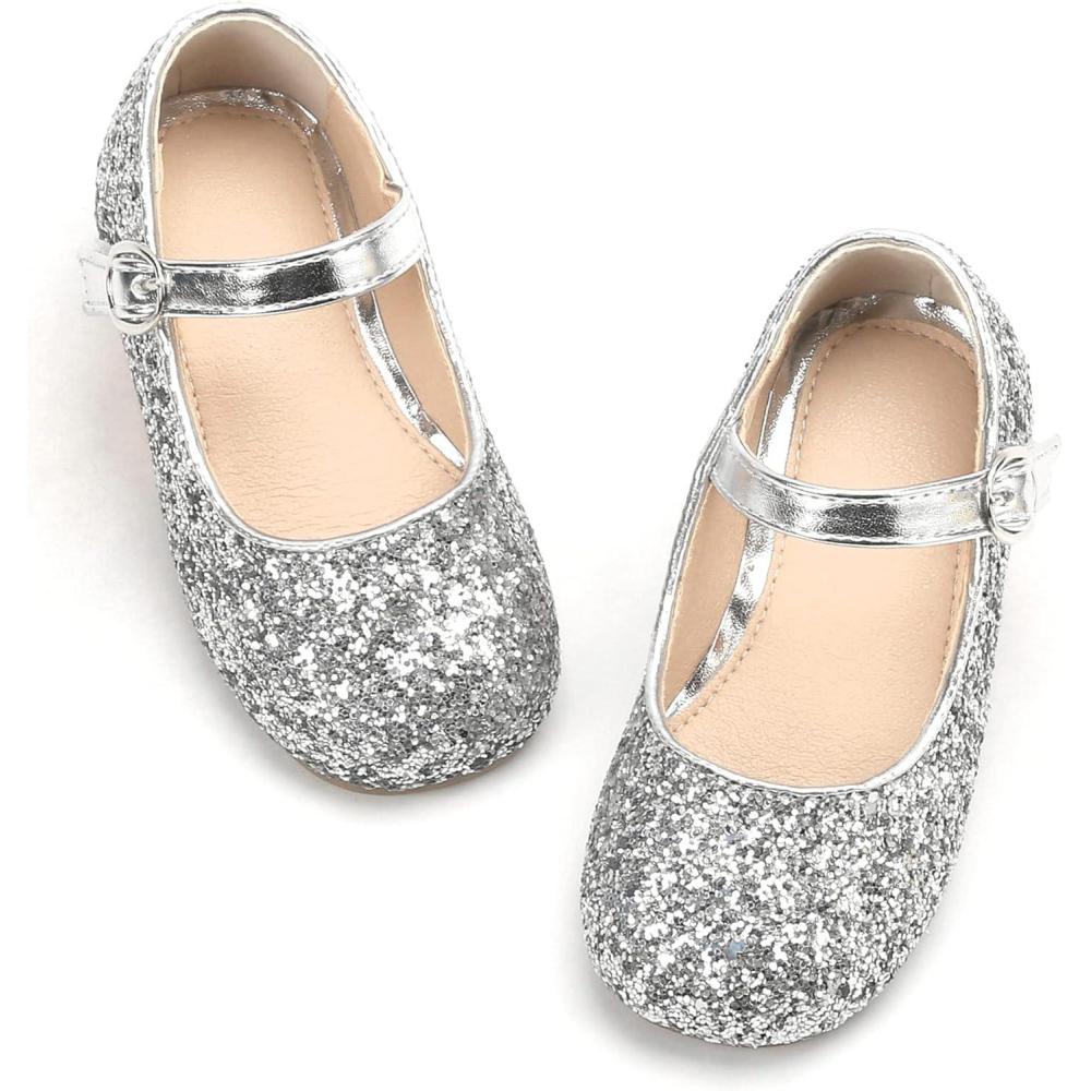 image:imageTHEE BRON Girls Glitter Mary Jane Flats Shimmery Princess Style Shoes for Toddler PartyAg213frosty Silver
