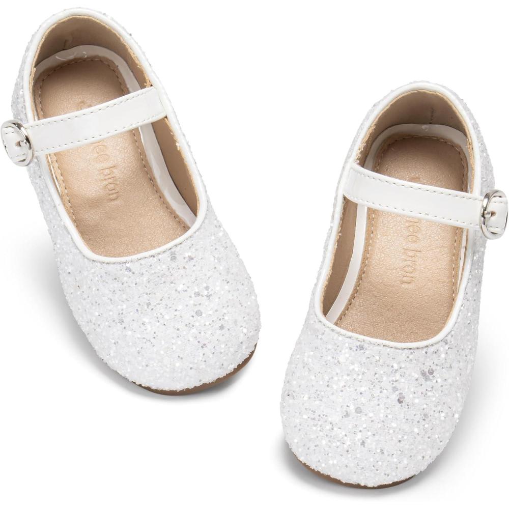 image:imageTHEE BRON Girls Glitter Mary Jane Flats Shimmery Princess Style Shoes for Toddler PartyAg213frosty White