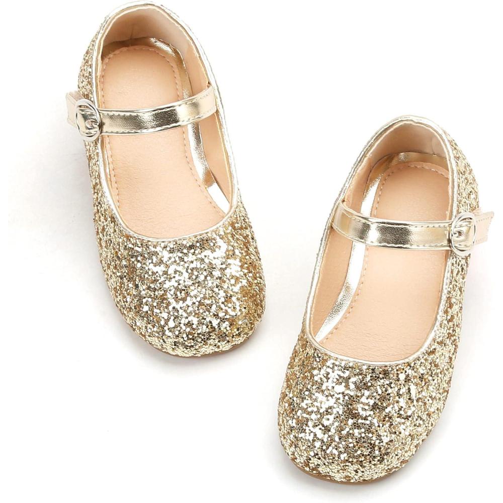 image:imageTHEE BRON Girls Glitter Mary Jane Flats Shimmery Princess Style Shoes for Toddler PartyAg213starlight Gold