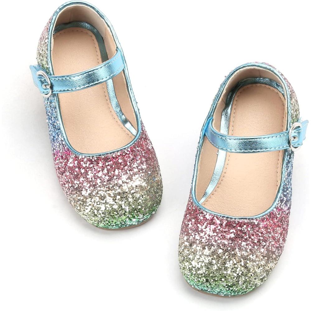 image:imageTHEE BRON Girls Glitter Mary Jane Flats Shimmery Princess Style Shoes for Toddler PartyAg213twinkle Rainbow