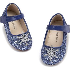 THEE BRON Girls Glitter Mary Jane Flats Shimmery Princess Style Shoes for Toddler Party(Af401-starlit Navy)