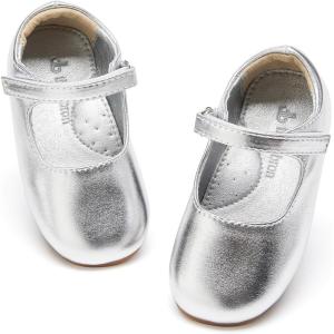THEE BRON Girls Glitter Mary Jane Flats Shimmery Princess Style Shoes for Toddler Party(Af434-frosted Silver)
