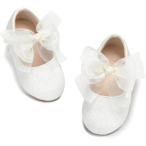 THEE BRON Girls Glitter Mary Jane Flats Shimmery Princess Style Shoes for Toddler Party(Af480-celestial White)
