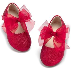 THEE BRON Girls Glitter Mary Jane Flats Shimmery Princess Style Shoes for Toddler Party(Af480-crimson Red)