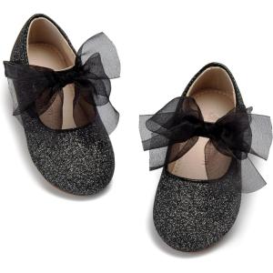 THEE BRON Girls Glitter Mary Jane Flats Shimmery Princess Style Shoes for Toddler Party(Af480-starlight Black)