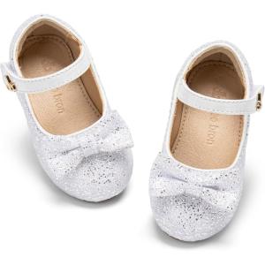 THEE BRON Girls Glitter Mary Jane Flats Shimmery Princess Style Shoes for Toddler Party(Af562-starlight White)