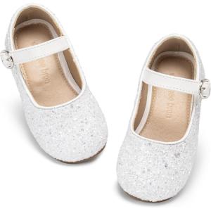 THEE BRON Girls Glitter Mary Jane Flats Shimmery Princess Style Shoes for Toddler Party(Ag213-frosty White)