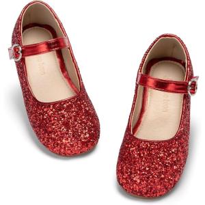 THEE BRON Girls Glitter Mary Jane Flats Shimmery Princess Style Shoes for Toddler Party(Ag213-ruby Red)