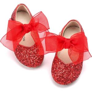 THEE BRON Girls Glitter Mary Jane Flats Shimmery Princess Style Shoes for Toddler Party(Ag264-ruby Twinkle Red)