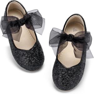 THEE BRON Girls Glitter Mary Jane Flats Shimmery Princess Style Shoes for Toddler Party(Ag264-starlight Noir Black)