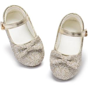 THEE BRON Girls Glitter Mary Jane Flats Shimmery Princess Style Shoes for Toddler Party(Ag562-antique Gold)
